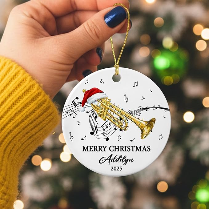 Unique Trumpet Instrument Ceramic Xmas Tree Ornament, Customized Text Year Name Trumpeter/Trumpet Player Ornaments Gift for Women Men, Personalized Trumpets Musical Lover Ceramic Keepsake Ornament