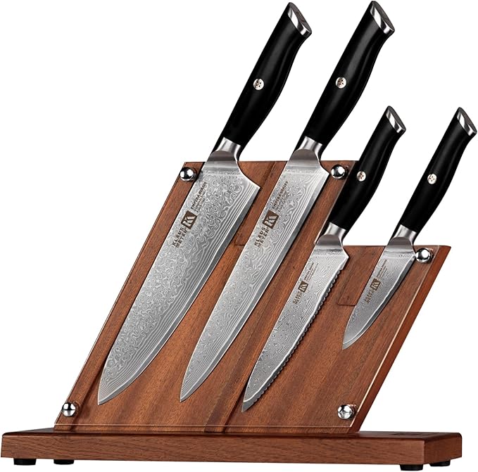 Klaus Meyer 5 Piece Damascus Knife Block Set, 67-Layer High Carbon Damascus Steel, Ultra-Sharp Kitchen Knife Set with Magnetic Wooden Block