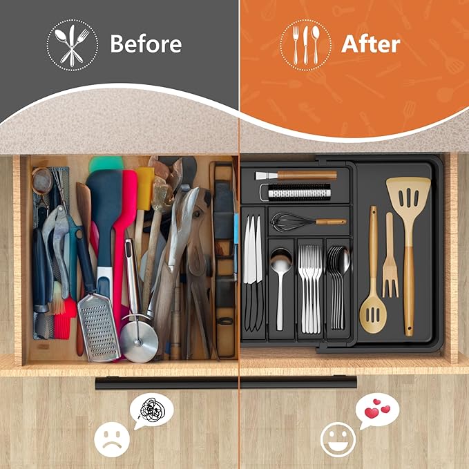Large Silverware Drawer Organizer,utensil drawer organizer Adjustable Flatware and Cutlery Holder BPA Free Plastic Utensil Tray for Kitchen Spoons Forks Knives Black 21.6 to 38 Inches