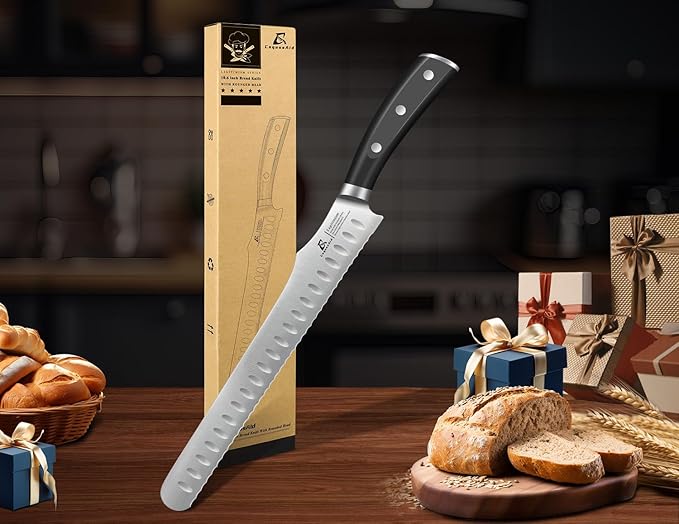 Re-Sharpenable Bread Knife for Homemade Bread, 10.6 Inch Multifunction Serrated Knife, Razor Sharp Slicer, Forged High Carbon German Steel, Full Tang Ergonomic Handle Design for Sourdough Turkey Fruit