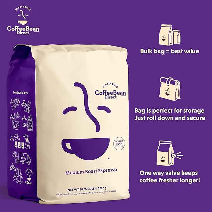 Coffee Bean Direct Medium Roast Espresso, Whole Bean Coffee, Medium Roast, 5 Pound Bag (Pack of 1)