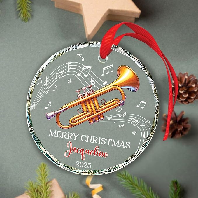 Personalized Text & Name Trumpet Instrument Christmas Glass Ornament, Musical Instrument Xmas Ornament Gifts for Trumpet Player, Custom Trumpetist Christmas Keepsake, Music Lover Glass Ornaments 2025