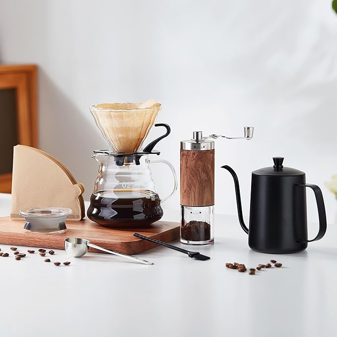 Unbreakable Pour Over Coffee Maker Set – 6-Piece Set with Coffee Maker, Hand Coffee Grinder, Hand Drip Kettle, V60 Filters (40 Sheets), and Measuring Spoon – Perfect for Home Brewing and Travel