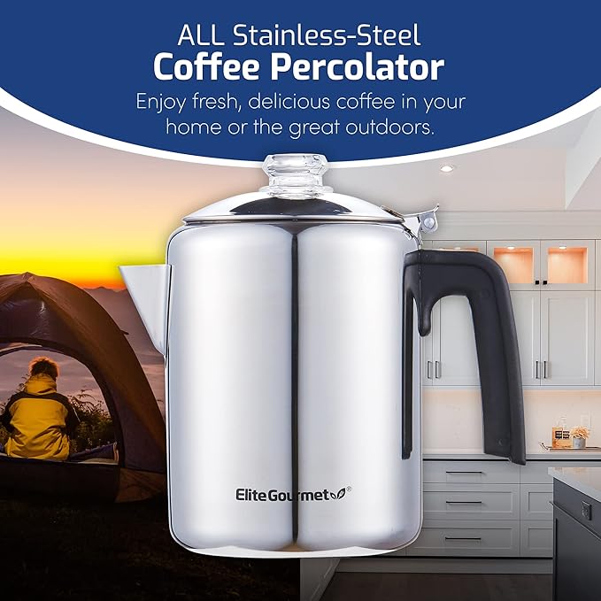 Elite Gourmet EC008X Classic 8-Cup Stovetop Coffee Percolator Glass Clear Brew Progress Knob, Cool-Touch Handle, Stainless Steel