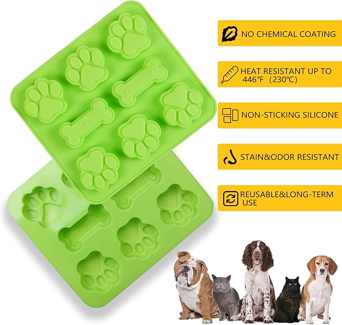 2 Pack Puppy Dog Paw and Bone Shaped 2 in 1 Silicone Molds, Reusable Non-Stick Ice Cube Trays & Candy Chocolate Molds for Homemade Dog Treats, Pudding & Baking Biscuit (Green Orange)