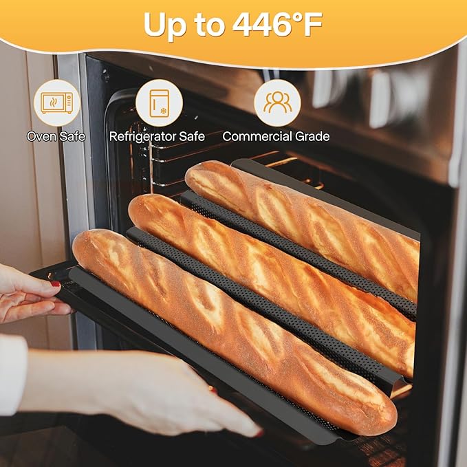 French Baguette Bread Pan, 3 Loaf Bread Pan Nonstick, Perforated Baguette Tray, Oven Safe, Health Homemade Bread Baking Supplies with Couche, 15x11 Inch, Round Corner and Heat Evenly, Black