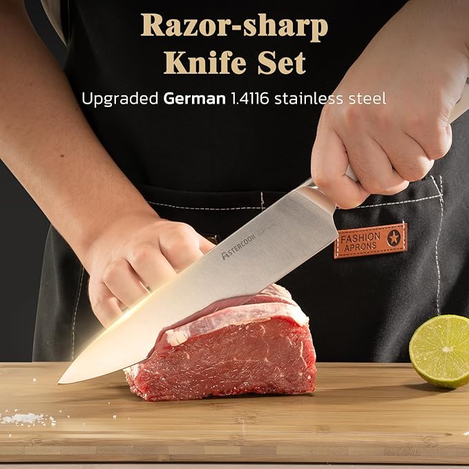 Astercook Knife Set Kitchen with Block and Sharpener Premium Full Tang 17 Pcs German Stainless Steel Knives Dishwasher Safe Kitchen Utensils Set with with and Anti-slip Ergonomic Handle, Cream White