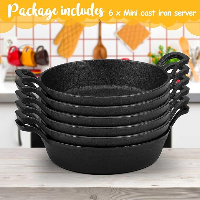 Mini Cast Iron Skillets 7 x 7 x 1.7 Inch Cast Iron Pan Small Ramekin Set Black Casserole Dish Cookware Oven Safe Mini Skillets for Kitchen Indoor Outdoor Picnic (6 Pack)