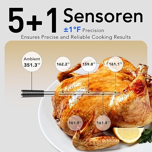 BFOUR WiFi Wireless Meat Thermometer with Standalone Base, 6 Precision Sensor, Waterproof and Heat Resistant, Intuitive Smart App, Bluetooth Meat Thermometer for Cooking, BBQ, Oven, Grill, Smoker