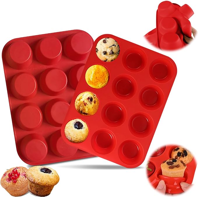12 Cups Silicone Muffin Pan, Nonstick Cupcake Pan, Heat Resistant Silicone Muffin Tin, Reusable Cupcake Moulds Baking Pan for Cakes, Bread (Red-2 Packs)