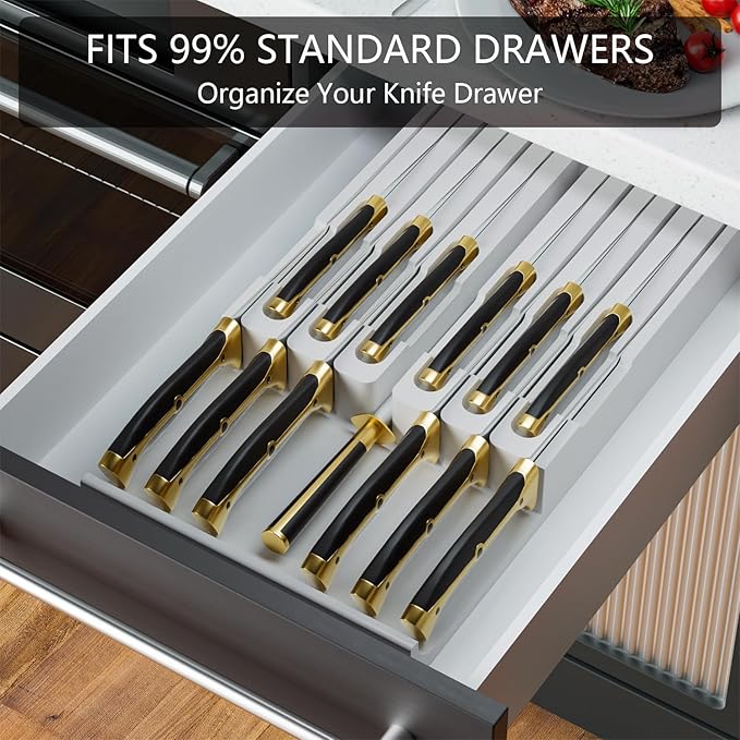 Domax Bamboo In-drawer Knife Block - Knife Drawer Organizer Insert Large Handle Steak Knife Holder, Kitchen Drawer Knife Organizer Fits for 12 knives and 1 Sharpening Steel (Not Included), White