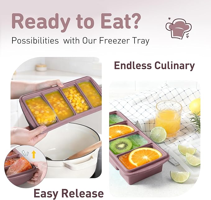 Silicone Freezer Tray with Lid Soup Freezer Container Molds with Steel Reinforced Rim Large Ice Cube Tray Makes 8 Perfect 1 Cup Portions Cubes Storage Food Containers House Essentials for New Home