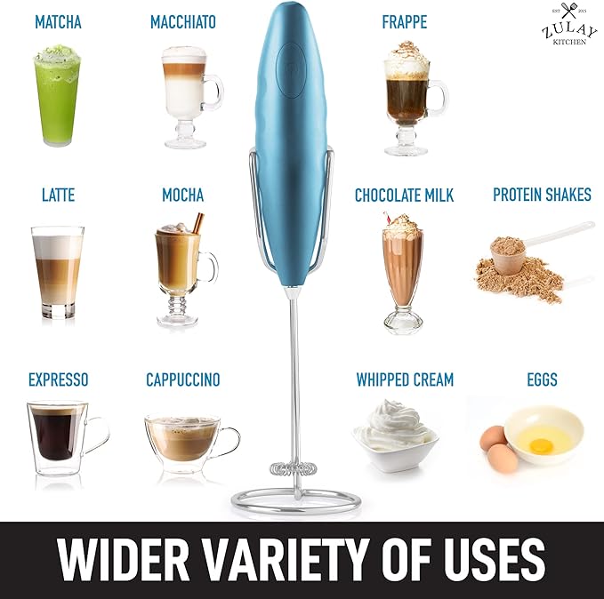 Zulay Double Grip Milk Frother for Coffee With Upgraded Holster Stand - Coffee Frother Handheld - Electric Handheld Foam Maker - Hand Mixer for Latte, Matcha - Electric Whisk (Metallic Ice Blue)