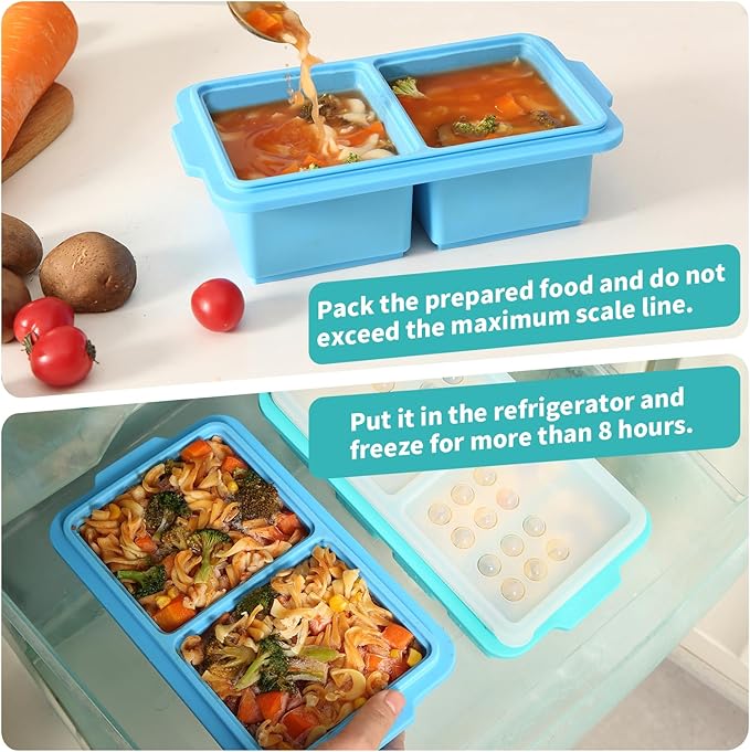 2 Cup Silicone Freezer Tray Ice Cubes with Lids and Date Mark for Storing Lasagna Leftovers Sauces Portioned Meals and More, Silicone Soup Freezer Molds for Meal Prepping 2 Pack Aqua