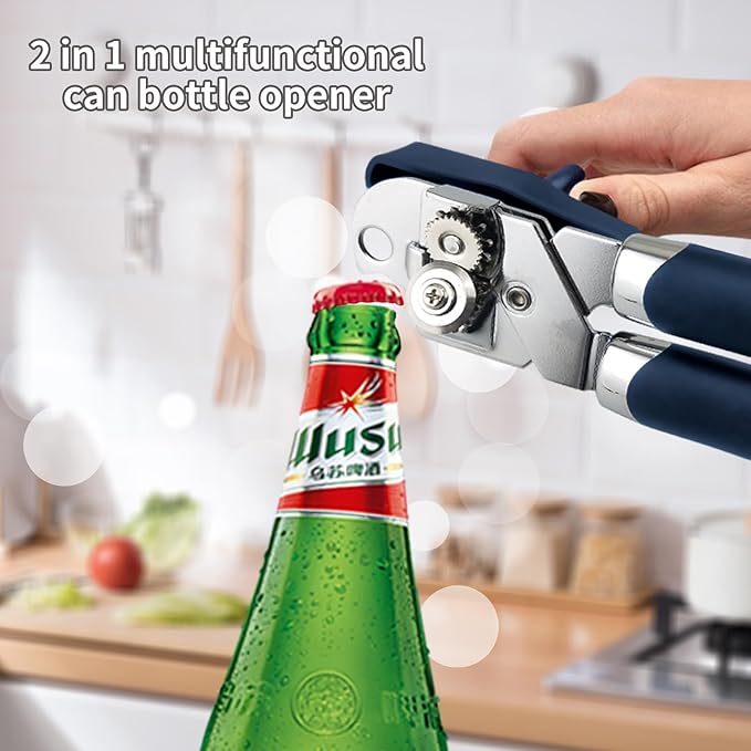 Can Opener Manual, Handheld Strong Heavy Duty Stainless Steel Can Opener, Comfortable Handle, Sharp Blade Smooth Edge, Can Openers with Multifunctional Bottle Opener, Blue