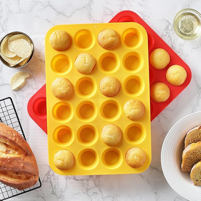 2PCS Silicone Mini Muffin Cupcake Pan, Non-Stick 24-Cavity Silicone Muffin Pans for Baking, Great for Making Muffin, Cakes, Tart, Bread, BPA Free, Dishwasher Safe (Red+Yellow)
