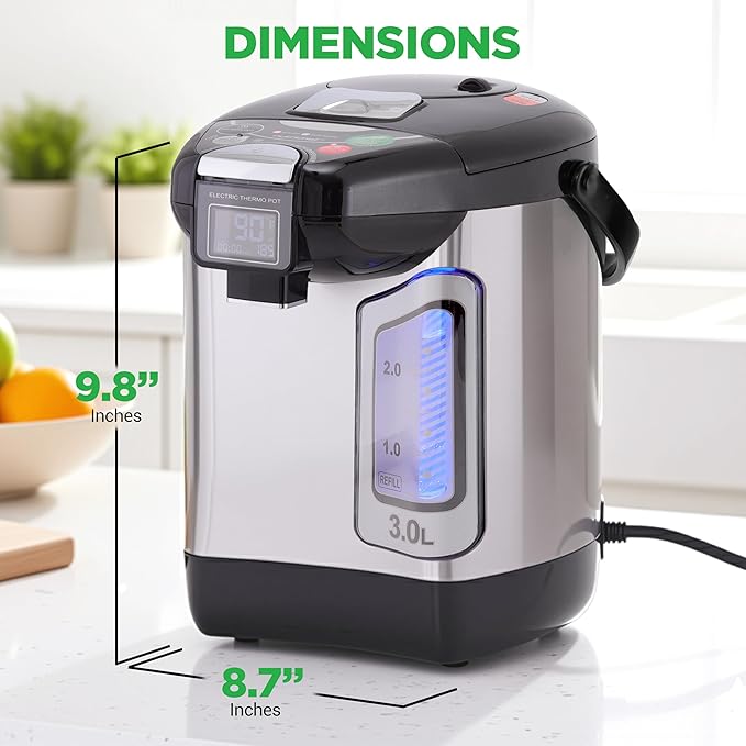 NutriChef Digital Water Boiler and Warmer - 3L/3.17 Qt Stainless Electric Hot Water Dispenser w/ LCD Display, Rotating Base, Keep Warm, Auto Shut Off, Safety Lock, Instant Heating for Coffee & Tea