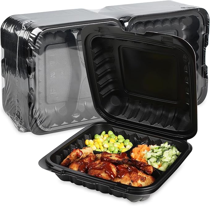 Food Containers Mineral Filled PP 55 Pack - 8x8 34 oz Shrink Wrap BPA Free Plastic | Stackable Storage Clamshell Takeout Container | Reusable Microwave Safe | 3 Compartment Black Lunch Boxes