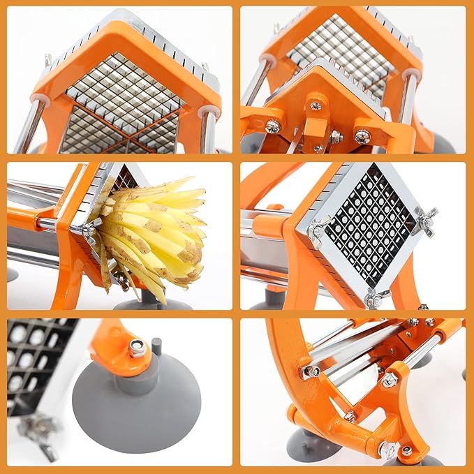 French Fry Cutter Commercial Potato Slicer with Suction Feet Complete Set, Includes 3/8", Orange