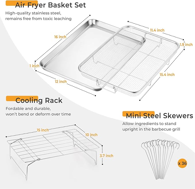 P&P CHEF 16 Inch Baking Cookie Sheet with Rack, 15.4 Inch Air Fryer Basket for Oven, Stackable Rack & 36 Skewers for Cooling, Baking, Roasting, Multifunctional and Utility Set for Kitchen