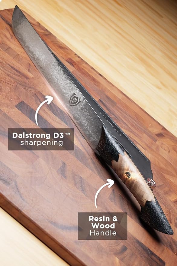 Dalstrong Meat Slicer Knife - 11”-Scorpion Series - Venom Edition - Japanese Steel Chef Knife - Spiral Sandstorm Blade Pattern - Black Honeycomb Resin Handle - w/Leather Sheath