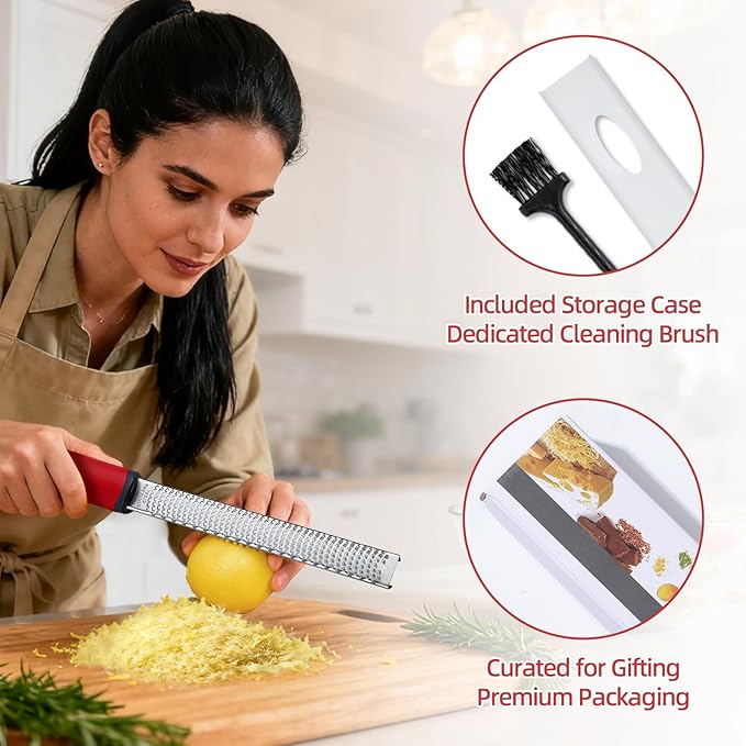 Koythin Zester, Lemon Zester & Cheese Grater with Brush, Heavy Duty Kitchen Tool for Zesting Citrus, Parmesan Cheese, Chocolate, Ginger, Fruits, Stainless Steel with Handle and Cover (Red)