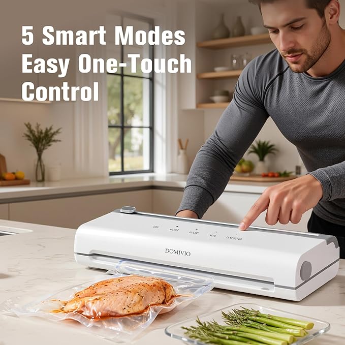 Vacuum Sealer Machine for Food, 65KPa Strong Suction Food Vacuum Sealer with Cutter, Dry & Moist Modes, Compact Food Saver Vacuum Sealer with 20 BPA-Free Bags, Easy to Use & Clean