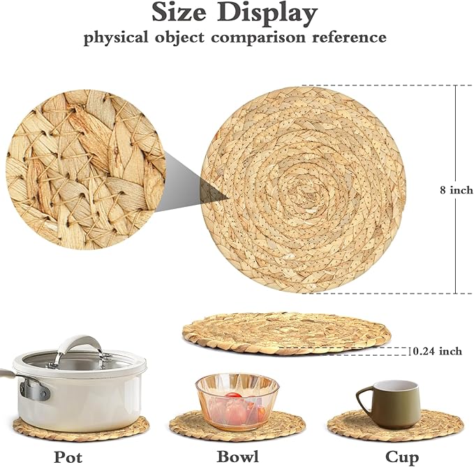 Boho Trivets for Hot Dishes, Pots and Pans, Farmhouse Water Hyacinth Hot Pads 8 Inch, Straw Pot Holders for Kitchen, Rustic Braided Heat Resistant Mat, Jute Coasters Set Wicker Decor (Natural 3 Pcs)