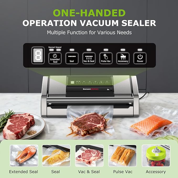 Bonsenkitchen Vacuum Sealer for Food, Easy-Lock Handle Vacuum Sealer Machine with Bag Clip, Built-in Cutter and Bag Storage for Sous Vide and Meal Prep, 1 Roll Bag & 10 Pre-Cut Bags, Silver