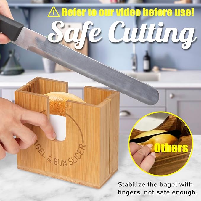 Adjustable Bagel Slicer Holder | Bamboo Bagel Cutting Holder with Width Adjustable Slots for Small & Large Bagels, Buns & English Muffins, Knife Groove for Long Bread Knife + Non-Slip Base