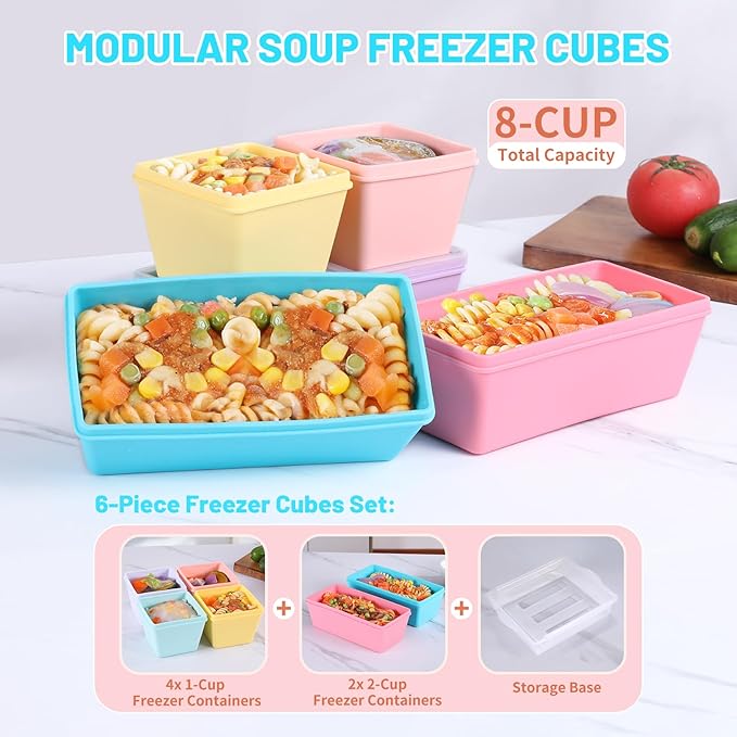 Gemice BPA-Free Silicone Freezer Molds with Base, Individual 6-Pack 1-Cup & 2-Cup Portion Soup Cubes Freezer Tray with Lids for Food Storage, Dishwasher Safe, Silicone Freezer Containers for Meal Prep