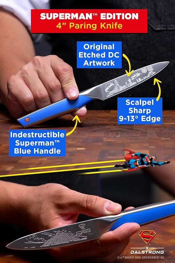 Dalstrong Knife Set-2pc- DC SUPERMAN™ Licensed Edition-8" Chef Knife & 4" Paring Knife-Premium German Stainless Steel-POM Handle Kitchen Knife Set-Leather Sheaths
