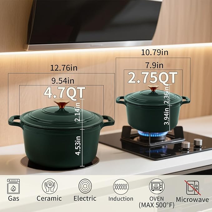 Enamel Cast Iron Dutch Oven with Lid, Round Casserole Pot for Bread Baking, Braising, Roasting, and Stews, Heavy-Duty, Oven Safe, Induction Compatible (4.7QT,Green)