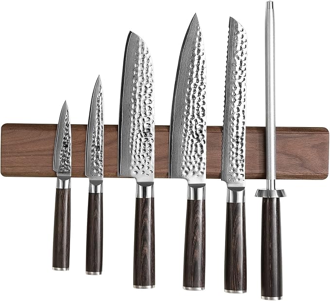 XINZUO Walnut Wood Knife Magnetic Strips 16 Inch, Double Row Round Magnets Magnetic Knife Holder for Wall -Magnetic Knife Bar- Works With Kinds of Kitchen Tools -Space Saver Knife Rack