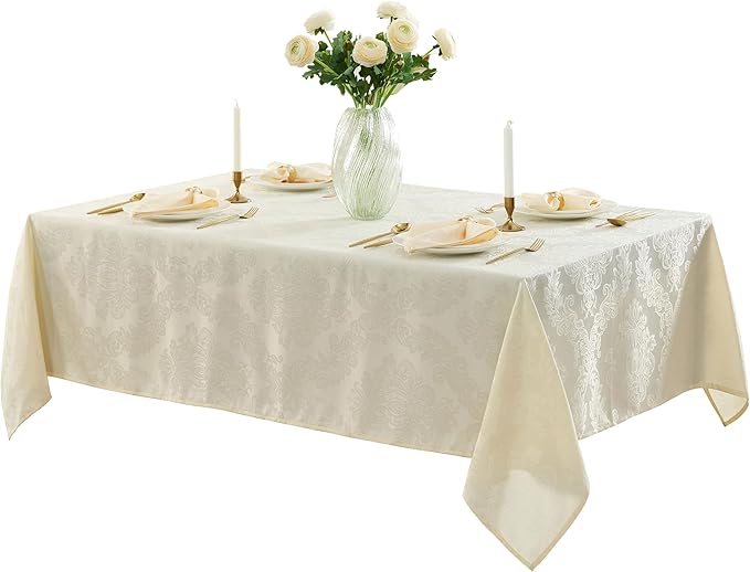 Newbridge Barcelona Luxury Damask Fabric Tablecloth, 52” Wide x 52” Square, Antique White, 100% Polyester, No Iron, Soil Resistant Dining Room, Party and Banquet Table Cover