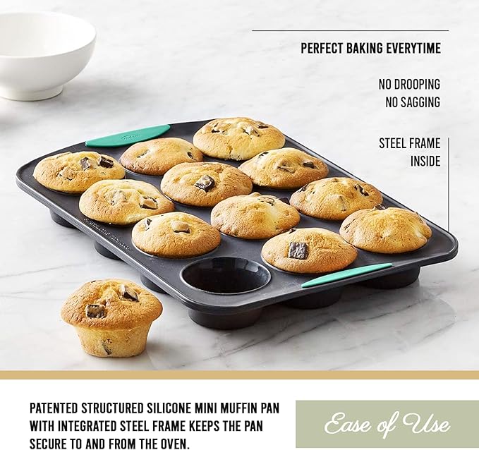 Trudeau Structure Silicone Muffin Pan – 12 Cup, Flexible Silicone with Hard Lining to Hold Shape, Non-Stick, BPA-Free, Dishwasher Safe, Heat Resistant to 428°F – Grey/Mint