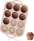Vinino Silicone Muffin Pans for Baking with Metal Reinforced Frame, 12 Cups Regular Size Nonstick Brown Silicone Cupcake Pan, BPA Free Oven Dishwasher Safe Baking Mold for Muffins Cupcakes
