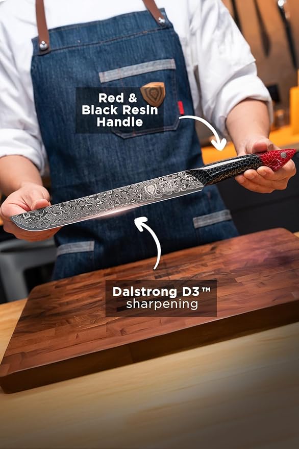 Dalstrong Slicing Knife - 11”- Scorpion Series Meat Slicing Knife Professional- Exclusive Japanese V12 Ultra™ Steel - Black Damascus - Black & Red Honeycomb Resin Handle- Brisket Slicer with Sheath