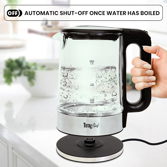 Total Chef Electric Glass Kettle 1.7L – Fast Boil, BPA-Free Borosilicate Glass, LED Light, Auto Shut-Off, Boil-Dry Protection, Cordless Water Boiler for Tea & Coffee, Kitchen Appliance