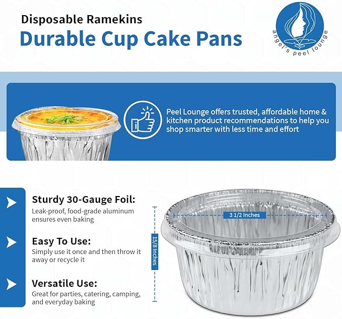 Angel's Peel Lounge 4 oz. Aluminum Foil Ramekin Cup – Disposable Baking Cups for Tart, Souffle, Appetizer-Utility/Cupcake/Ramekin/Muffin (Pack of 50) (Cup with lid)