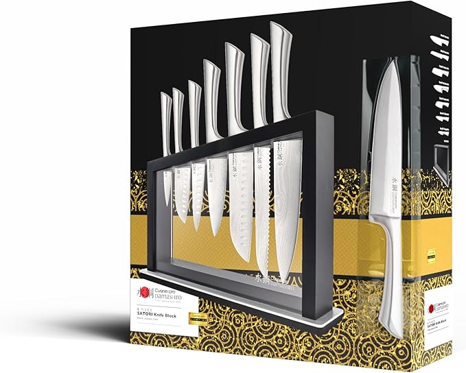 Cuisine::pro Damashiro 8-Piece Satori Knife Block - Japanese Steel Knife Set with Acacia Wood Knife Block -Damascus-Inspired Blade