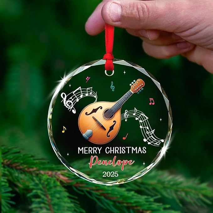 Personalized Mandolin Glass Ornament Xmas 2025, Musical Instrument Christmas Ornament Gift for Mandolin Player, Customized Text & Name Mandolinist Glass Keepsake, Instrument Lover Christmas Ornaments
