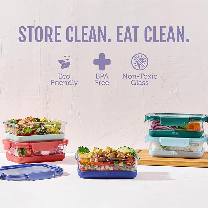 Ello Duraglass Refresh 3.4 Cup Meal Prep Sets 10Pc, 5 Pack Set- Glass Food Storage Container with Silicone Boot and Airtight BPA-Free Plastic Lids, Dishwasher, Microwave and Freezer Safe,Everest