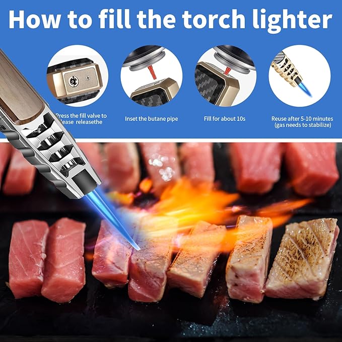 Butane Torch Lighter,Windproof Refillable Kitchen Cooking Torch,Adjustable Flame Solar Beam Blow Torch with Safety Lock for Candle Camping BBQ (Not Included Butane Gas) (Brown)