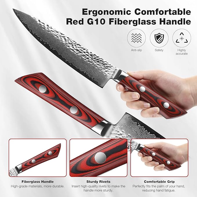 Damascus Sharp Knife(Red), 8 Inch Professional 67-Layer VG10 Damascus Kitchen knives, Hand Hammered Ultra Sharp Japanese Kitchen knife with Red G10 Handle & Gift Box