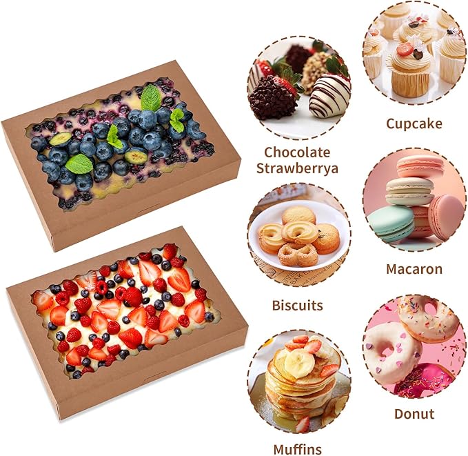 24 pcs Cookie Boxes,14x10x2.5 Inch Large Bakery Boxes with Window for Pies Chocolate Strawberries Muffins Donuts Pastry Dessert Christmas(Brown) (Brown, 14 * 10 * 2.5inch/24pcs)