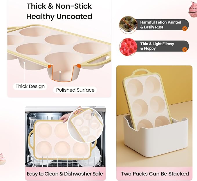 Silicone Jumbo Muffin Pan with Metal Frame, Non Stick Food Grade Silicone Large Muffin Pan, with Handles 6 Cup,BPA-Free and Dishwasher Safe, Jumbo Cupcake Pans - 2 Piece Light Yellow