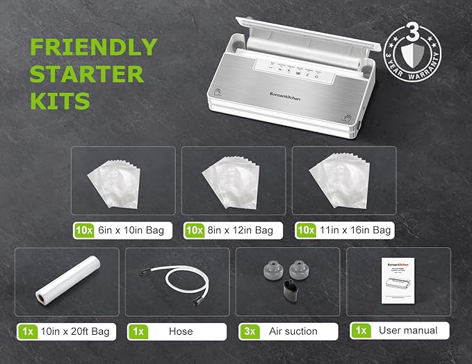 Bonsenkitchen Vacuum Sealer Machine, Stainless Steel Food Sealer Vacuum Sealers with 30 Bags & 1 Roll, 5 Food Vacuum Modes, Built-in Cutter & Bag Storage (White Silver)