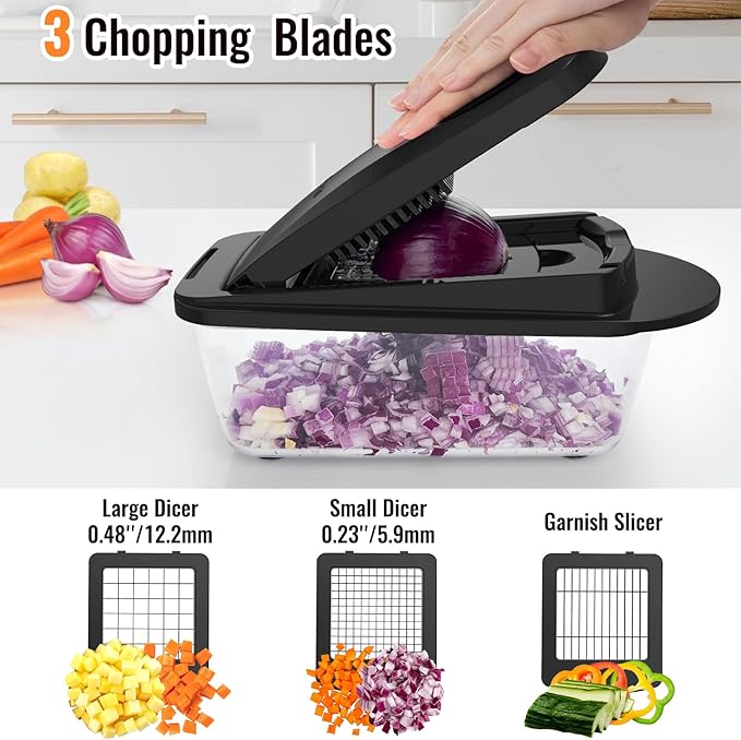 12 Blade All-in-1 Vegetable Chopper Mandoline Slicer with Container, Spiralizer with Contianers, Food Chopper, Onion Chopper, Veggie Cutter for Salad, Kitchen Gadgets Accessories Essentials, Black