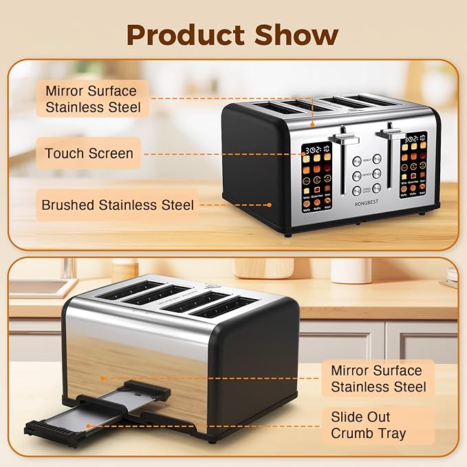 4 Slice Touch Screen Toaster, Stainless Steel Toaster with Wide Slots for Bagels and Bread, Reheat/Defrost/Cancel Functions, Removable Crumb Tray, Matt Black